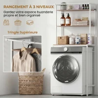 HOMCOM Étagère de Machine à Laver 3 Niveaux, Meuble pour Lave-Linge et Sèche-Linge avec Barre de Suspension, Marron et Blanc(m-5)