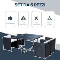Outsunny Set Mobili da Giardino 5pz Set Tavolo da Pranzo con 4 Sedie con Cuscini Combinabili a Rettangolo, Nero, 109x109x72 cm(m-4)