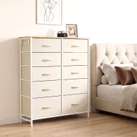 HOMCOM Chest of Drawers, Dresser with 10 Fabric Drawers, Tall Storage Unit with 4 Pockets and 2 Hooks Steel Frame, Beige(m-2)