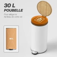 HOMCOM Poubelle cuisine 30L, poubelle à pédale avec seau intérieur amovible, couvercle à fermeture douce, 36x30x60,5cm, blanc(m-4)