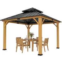 Outsunny 3.5 x 3.5m Outdoor Hardtop Gazebo Canopy with Two-tier Metal Roof and Solid Wood Frame Outdoor Patio Shelter for Patio, Garden, Black(m-20)