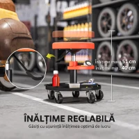 HOMCOM Taburet de Atelier cu Roți Ø6 cm, Capacitate până la 135 kg, Înălțime Reglabilă 40-51 cm, cu Tăvi pentru Unelte, Portocaliu(m-5)