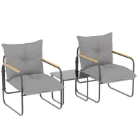 Outsunny Salon de Jardin 3 Pièces, 2 Fauteuils avec Coussins Épais, 1 Table Basse en Verre Trempé, 59x73x72cm, Gris Foncé(m-12)