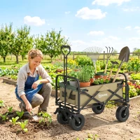 Outsunny Cărucior de grădină 110L cu mâner telescopic și bază rabatabilă din oțel și material textil Oxford, culoare kaki(m-10)