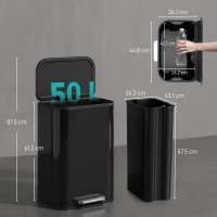 HOMCOM 50L Kitchen Bin, Metal Pedal Rubbish Bin with Soft Close and Stay-Open Lid, Removable Inner Bucket, High Gloss Black(m-3)