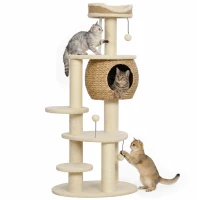 PawHut Grote krabpaal van 132 cm met handgevlochten kattenhuis van lisdodde, sisalpalen, ligbed, 3 speelballen en anti-kantelband, voor 1-2 katten tot 6 kg(m-15)