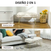 HOMCOM Banco Pie de Cama Tapizado en Terciopelo Reposapiés con Patas de Metal y Asiento Acolchado Crema(m-5)