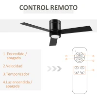 HOMCOM Ventilador de Techo Motor AC 48W con Luz LED Mando a Distancia 3 Velocidades y 3 Aspas de Madera Ø112x25 cm Negro(m-7)