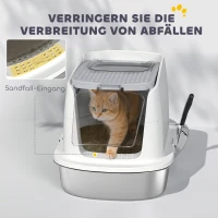 PawHut Roestvrijstalen kattenbak, gesloten kattenbak met schep, geurzak, ingang en uitgang(m-6)