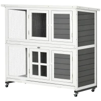 PawHut Wooden Rabbit Hutch, Two-Tier Guinea Pig Cage, with Removable Tray, Wheels(m-10)