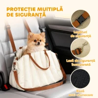 PawHut Scaun Auto pentru Câini Mici cu Lesă și Bază Antiderapantă, Convertibil în Geantă pentru Animale, Crem(m-4)