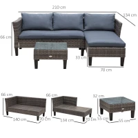 Outsunny 3 Pcs Garden Sofa PE Rattan Set w/ 2 Seats Square Glass Top Coffee Table Thick Cushions Solid Legs Metal Frame Patio Outdoor Balcony Patio L Corner Shape - Grey(m-3)