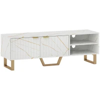 HOMCOM Marble Effect TV Unit, Modern TV Stand Cabinet for up to 70" TVs, with Shelves and Storage Cupboard, Fluted Door, Extra Centre Leg, Cable Management for Living Room, White(m-1)