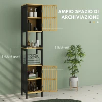 HOMCOM Mobiletto Bagno a Doghe con 2 Ripiani Aperti e 2 Armadietti, in MDF e Bambù, 32x30x172 cm, Nero e color Legno(m-4)