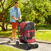 PawHut Dog Stroller with Rain Cover for Small Miniature Dogs, Folding Pet Pram with Cup Holder, Storage Basket, Reflective Strips, Red(m-2)