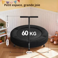 Trampoline pour enfants, tapis de saut No-Gap, poignée en mousse & pieds en caoutchouc antidérapants, 91x91x71 cm, Noir(m-3)