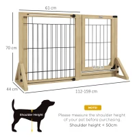 PawHut Poartă pentru Câini Extensibilă cu Ușă și 2 Panouri, Baze Triunghiulare, 112-159x70 cm, Lemn Natural(m-3)
