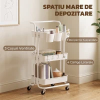 HOMCOM Cărucior de Bucătărie Multifuncțional cu 3 Nivele, Coșuri și Cârlige Detașabile, 42x38x86.5 cm, Negru(m-4)