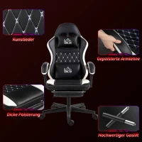 HOMCOM Gaming-Stoel met Voetensteun, Computerstoel met Hoofdkussen & Kussen, Kunstleer Bekleding, Draaibaar, Hoogte Verstelbaar, Metaal, Kunststof, Zwart+Wit(m-7)