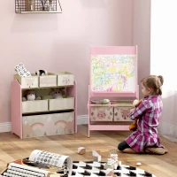 Tableau chevalet double-face rouleau papier 2 paniers + meuble à jouets de rangement à 6 boîtes, 63 x 30 x 66 cm, rose(m-2)