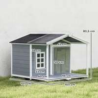 PawHut Hondenhok weerbestendig verhoogd hondenhuis van hout met asfaltdak, veranda, voor middelgrote honden 103x107x83,5cm Grijs(m-3)