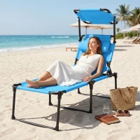 Outsunny Espreguiçadeira de Jardim com Toldo Ajustável Encosto Regulável em 4 Níveis Apoio de Cabeça para Terraço 70x200x45 cm Azul Claro(m-8)