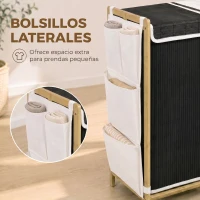 HOMCOM Cesto de Ropa Sucia con Tapa 120L de Bambú con 2 Compartimentos Bolsas con Cordón Bolsillos Laterales Blanco y Negro(m-6)