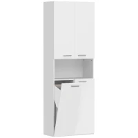 HOMCOM Mobile da Bagno a 2 Ante con Cesto Portabiancheria a Ribalta e Ripiano Aperto, 60x30x174 cm, in Legno, Bianco(m-1)