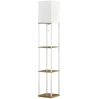 HOMCOM Modern Metal Floor Lamp with Shelves, 3 Layer Shelf Tall Standing Lamp with Fabric Lampshade, Pull Chain Switch for Living Room, Bedroom, Bulb not Included, White(m-13)