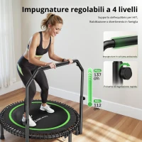 Rebounder-Trampolino per adulti, pieghevole, maniglione regolabile, pedane antiscivolo, 102x102x106 cm, Nero+Verde(m-4)