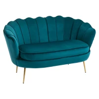 HOMCOM Canapé 2 places en tissu velours, petit canapé, en forme de coquillage, avec coussin épais de 10 cm, canapé, structure en métal, pieds dorés effilés, facile à assembler, bleu canard(m-1)