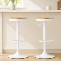 HOMCOM Juego de 2 Taburetes Altos de Cocina con Altura Ajustable Asiento de Madera Marco de Acero y Reposapiés Natural y Blanco(m-2)