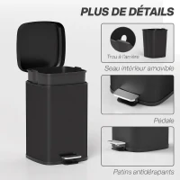 HOMCOM Poubelle de Cuisine 20L avec Couvercle à Fermeture Douce et Pédale, Seau Intérieur Amovible, 28L x 35l x 45H cm, Noir(m-7)