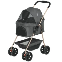 PawHut 3-in-1 Huisdierenwagen, inklapbare hondenkar met 4 wielen en afneembare draagtas voor honden en katten, Grijs(m-10)