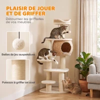 PawHut Arbre à Chat Tour pour Chat en Rotin Design 4 Niveaux avec Niche Quenouille Panier Jute et Coussin 132cm Beige(m-6)