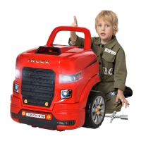 HOMCOM Officina Camion Giocattolo con Motore e 61 Accessori per Bambini 3-5 Anni, Ruote e Maniglia, 40x39x47cm, Rosso(m-10)