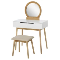 HOMCOM Coiffeuse Design scandinave Table de Maquillage avec Miroir, 2 tiroirs et Tabouret Blanc pin Clair(m-11)