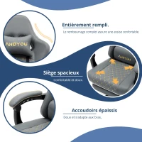 Fauteuil gaming avec repose-pieds, coussin appui-tête et lombaire moelleux, coussin de soutien amovible, 60x60x122 cm, Gris(m-7)