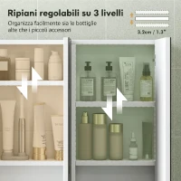 HOMCOM Specchio Bagno Contenitore con 3 Ante, 91.5x11.5x65 cm, Mobile Bagno da Parete, Ripiani Regolabili, Bianco(m-5)