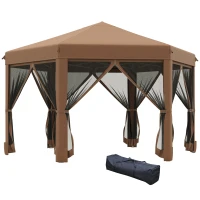 Outsunny 3.2m Pop Up Gazebo Hexagonal Canopy Tent Outdoor Sun Protection with Mesh Sidewalls, Handy Bag, Brown(m-1)