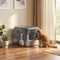 PawHut Katzentoilette aus Edelstahl M, geschlossen 2-in-1, abnehmbare Haube, hoher Rand, Schaufel, leicht zu reinigen, Grau(m-6)