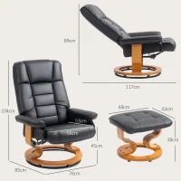 HOMCOM Relaxfauteuil met Hocker, draaibaar & kantelbaar, Kunstleren bekleding, tot 150 kg, Houten frame, Zwart(m-3)