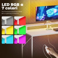 HOMCOM Scrivania Gaming 147 cm, Tavolo per Computer con Supporto CPU Regolabile e Reversibile, Luci RGB, Prese di Alimentazione, Porte USB e USB-C, Supporto Monitor e 3 Cassetti in Tessuto, Bianco(m-5)