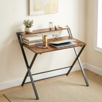 HOMCOM Compact Folding Desk for Small Spaces with Storage Shelf for Home Office, Rustic Brown(m-10)