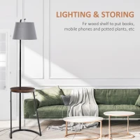 HOMCOM 165cm Unique Floor Lamp & Middle Wood Shelf Industrial Style Steel Frame Curved Base Home Office Lighting Storage Brown&Black(m-4)