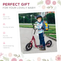 HOMCOM Kids Scooter Kick Scooter, with 12" EVA Tyres, Rear Brake, Big Wheels Scooter for 5-12 Years , Red(m-5)