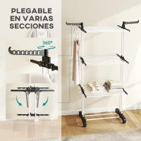 HOMCOM Tendedero de Ropa Plegable con Ruedas 3 Niveles con Alas Plegables y Colgadores 125x64x172 cm Negro y Blanco(m-6)