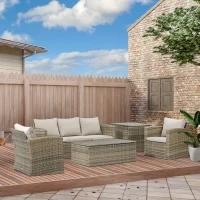 Outsunny Set da Giardino 6 Pezzi in Rattan con Divani, Poltrone e Tavoli Contenitore, Beige(m-2)