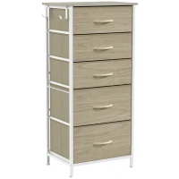 HOMCOM Chest of Drawers, Dresser with 5 Fabric Drawers, Tall Storage Unit with 4 Pockets and 2 Hooks Steel Frame, Natural Wood(m-1)