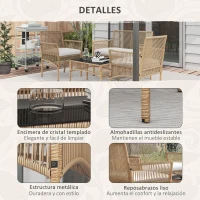 Outsunny Juego de 4 Piezas Muebles de Terraza con 1 Sofá de 2 Plazas 2 Sillones y 1 Mesa de Centro con Encimera de Cristal Beige(m-6)